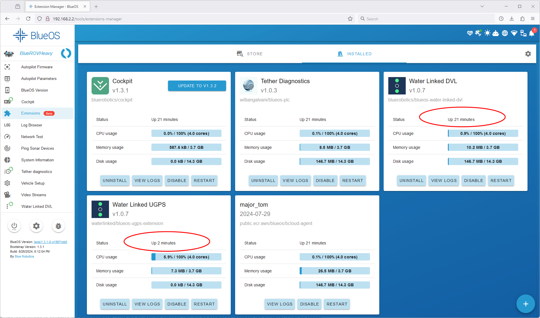 bluerov2_blueos_installed_extensions_ugps_dvl_running_marked
